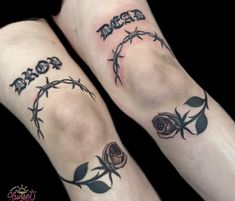 two tattoos on both legs with barbed wire and roses