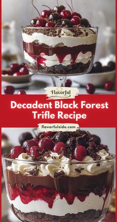 dessert black forest trifle recipe with cherries and whipped cream in the bottom layer