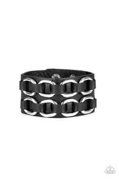 Black leather laces thread through two rows of bold silver links across the front of a thick black leather band for a gritty look. Features an adjustable snap closure. This urban collection bracelet is perfect for men or women. Think how great this bracelet would look paired with a dark t-shirt while sitting front row at your favorite rock band! Sold as one individual bracelet. Paparazzi Jewelry Images, Accessories 2020, Paparazzi Accessories Jewelry, Black Leather Bracelet, Snap Bracelets, Silver Frames, Black Bracelets, Band Bracelet, Unisex Bracelets