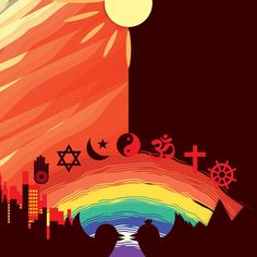 an image of a poster with the sun in the sky and rainbows on it