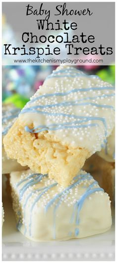 baby shower white chocolate krispie treats on a plate