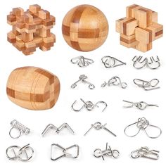 several pieces of wood and metal are arranged in the shape of balls, chains, and clips