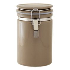 a brown canister with a metal latch