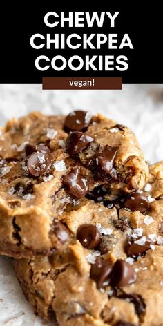 chewy chickpea cookies with chocolate chips and coconut flakes on the top