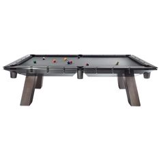 a pool table that is made out of wood and metal with different colored balls on it