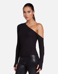 Women's Asymmetrical Top in Black | Magdaleno by Michael Lauren Rib Knit Fabric, Soft Clothes, Fitted Tee, Asymmetrical Tops, Asymmetrical Design, Model Fits, Fitted Silhouette, New Tops, Long Hoodie