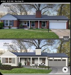 before and after pictures of a house with two garages on each side, the same one