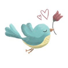 a drawing of a blue bird holding a flower with hearts on it's back