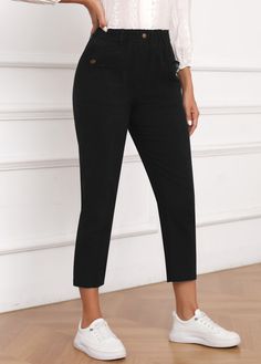 Ankle-length Business Casual Pants With Buttons, Ankle-length Business Casual Dress Pants With Buttons, Ankle-length Dress Pants With Buttons For Business Casual, Non-stretch Dress Pants With Button Closure For Work, Casual Office Dress Pants With Buttons, Black Buttoned Ankle-length Pants, Ankle-length Dress Pants For Work, Workwear Bottoms With Buttons And Straight Pants, Casual Office Pants With Buttons