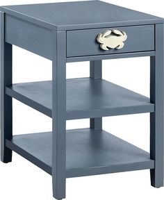 a blue end table with two drawers on one side and an open drawer on the other