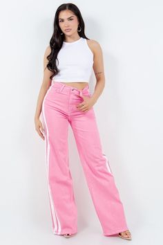 Step up your denim game with our Striped Wide Leg Jean in Pink! These stylish pants feature a high rise fit, front and back pockets, and a front button and zipper closure. But the real standout? The unique hand-painted vintage stripes on the sides, made right here in the USA. Plus, made with soft stretch premium fabrics for comfort with every wear. Style: high rise Silhouette: wide leg Embellishment: side stripe Length: full length Closure: zipper, button Made In: USAFabric Contents: 98% Cotton, Cotton Bottoms With Contrast Stripes For Spring, Spring Contrast Stripes Cotton Bottoms, Spring Bottoms With Contrast Stripes And Straight Leg, Trendy High-waisted Bottoms With Vertical Stripes, Striped Straight Leg Bottoms For Streetwear, Spring Cotton Pants With Contrast Stripes, Trendy Vertical Striped High-waisted Pants, Trendy High-waisted Vertical Striped Pants, Trendy High-waisted Pants With Vertical Stripes