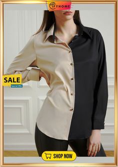 Shirt Collar Color-block Long Sleeve Plain Blouse Color Block Button-up Tops For Fall, Patchwork Shirt For Workwear, Workwear Color Block Button-up Top, Color Block Button-up Tops For Work, Chic Color Block Blouse For Work, Workwear Color Block Long Sleeve Blouse, Color Block Long Sleeve Work Blouse, Color Block Long Sleeve Blouse For Work, Two-tone Color Block Long Sleeve Tops