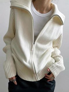 Solid Lapel Neck Splice Cardigan - AnotherChill Oversized Turtleneck Sweater, Loose Cardigan, Vintage Preppy, Womens Turtleneck, Oversized Pullover, Loose Style, Long Sleeve Turtleneck, Knit Hoodie, Women Sleeve