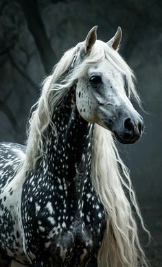 a black and white horse with long blonde hair standing in front of some dark trees