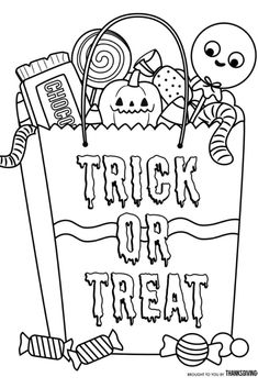 a trick or treat bag with candy and candies on the side, in black and white