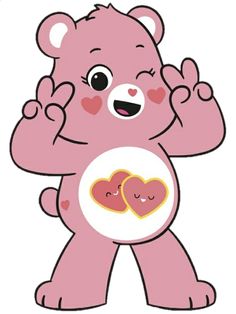 a pink teddy bear with two hearts on it's chest and hands in the air