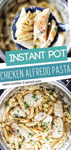 the instant pot chicken alfredo pasta is ready to be cooked in an instant pot and then served with parmesan cheese