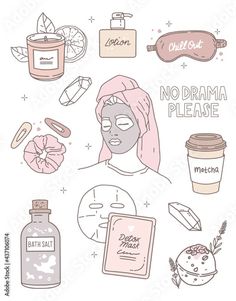 Stock Image: Stickers set. Vector illustration, outline drawing. Hairpins, salt and bath bomb, aroma candle, lotion, matcha. Lettering no drama please. Portrait of a girl with a face mask, beauty rituals, home spa Spa Stickers, Candle Lotion, No Drama Please, Face Mask Beauty, Illustration Outline, Candle Drawing, Mask Drawing, Detox Bath, Beauty Rituals