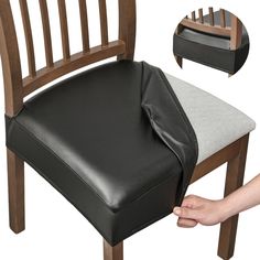 a chair with a cushion on it and someone holding the seat up to its back