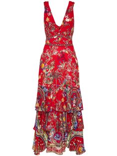 red/multicolour silk chiffon crepe all-over floral print V-neck sleeveless rhinestone embellishment ruffled detailing cut-out detailing rear tie fastening concealed rear zip fastening Maxi Dress Red, City Dress, Ruffled Maxi Dress, Vacation Outfits, Silk Chiffon, Cocktail Dress Party, Denim Dress, All Fashion, Clothes For Sale