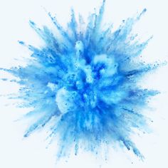 blue powder is flying in the air on a white background