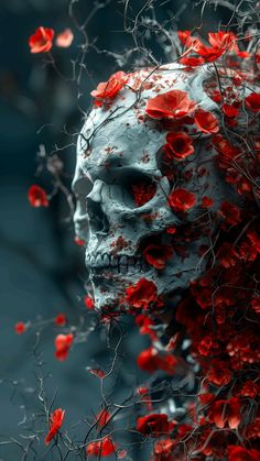 a skull surrounded by branches and red flowers