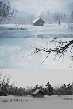 two different views of snow covered trees and a barn in the distance, one with no leaves on it