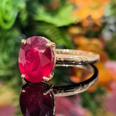 4.20 Carat Chatham Ruby (Lab-grown) 14k Solid Gold Ring Ring Material: 14k Solid Gold Approximate Weight: 3.2 Grams Approximate Band Width: 2.1mm Gemstone: Chatham Ruby (lab-grown)  Gemstone Clarity: Slightly Included  Gemstone Color: Red Gemstone Shape: Oval Gemstone Dimensions about: 10x8.00mm Gemstone Quantity: 1 Approximate Carat Weight: 4.20 Carat Ring Quantity: One Ring Condition: New Made in the USA Delivered in an elegant jewelry box 💜 Please do not hesitate to ask any questions and we will be happy to assist You 💜 This Ruby is authentic as they are grown in a lab environment. One significant advantage of Chatham lab-grown gems is their minimal inclusion content compared to natural gemstones. Inclusions, often present in natural stones, can compromise durability, leading to poten Ruby Solitaire Ring, Solid Gold Ring, Red Gemstones, Pretty Jewelry, July Birthstone, One Ring, Ruby Ring, Ring Ring, Pretty Jewellery