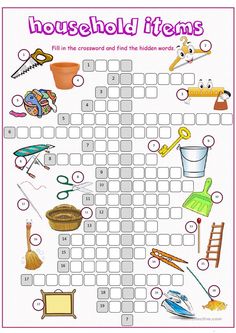 a crossword puzzle with words and pictures for household items to help kids learn how to use them