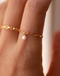 14k Gold Pearl Anchor Chain Ring Gold Chain Ring, Anchor Chain, Link Design, Solid Gold Chains, Diamond Free, Timeless Accessories, Chain Ring, Gold Pearl, Personalized Jewelry