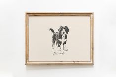 a black and white drawing of a dog is hanging on the wall next to a framed photograph