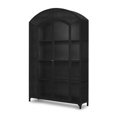 a black bookcase with an arched glass door