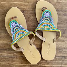 Beautiful Beaded Sandals. 100% Leather. Made In India. Casual Embellished Closed Toe Sandals, Summer Beaded Slip-on Sandals, Beaded Slip-on Sandals For Summer, Beach Embellished Leather Sandals, Beaded Round Toe Sandals For Beach Season, Casual Beaded Leather Flip Flops, Shoes Star, Beaded Sandals, Women's Shoes Sandals