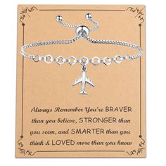 a bracelet with an airplane charm on it and the words always remember you've braver than you believe, stronger than you seem