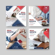 four postcards with real estate images on the front and back side, in blue red and white colors