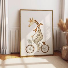 a giraffe is riding a bicycle on the floor