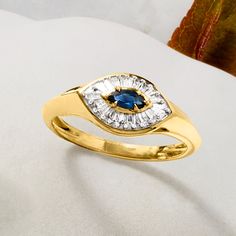 Ross-Simons - .20ct Sapphire, .15ct t. w. Diamond Evil Eye Ring Marquise Cut in 14kt Yellow Gold. Size 7. Ward off negativity with our shimmering ring. A glittering .20 carat marquise sapphire is framed with .18 ct. t. w. tapered baguette diamonds. Crafted in beaming 14kt yellow gold. 1/4" wide. Diamond and sapphire evil eye earrings. Sapphire birthstones are the perfect gift for September birthdays. Formal Yellow Gold Sapphire Ring With Pave Setting, 14k Gold Sapphire Ring With Baguette Brilliant Cut, 14k Gold Sapphire Ring With Brilliant And Baguette Cut, Marquise Diamond Birthstone Ring In Yellow Gold, Marquise Sapphire Ring With Vvs Clarity For Anniversary, Yellow Gold Marquise Sapphire Ring With Prong Setting, Marquise Yellow Gold Sapphire Ring In Fine Jewelry Style, Marquise Yellow Gold Sapphire Ring Fine Jewelry, Marquise Ring With Pave Setting For Anniversary