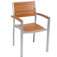 an aluminum and wood chair with slatted back, viewed from the side on a white background