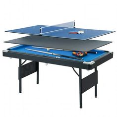 two ping pong tables with blue cloths and pool accessories on the table top