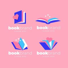 four logos with books and hearts on the top one is blue, pink, and purple