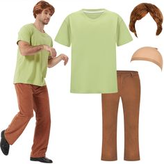 a man in green shirt and brown pants standing next to a mannequin's head