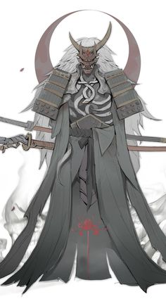 a drawing of a demon holding two swords and wearing armor with horns on his head