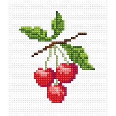 a cross stitch pattern with two cherries hanging from a branch