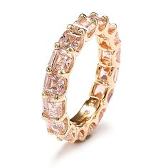 Stunning, timeless and classy eternity band ring. This brilliant ring is filled with rich, high quality pink asscher-cut cubic zirconia gemstones, hand set in the trendiest, yet classy, setting called the U-shape in Suzy Levian's signature high polished rose plated 925 sterling silver. Every single ring is man made, making it a unique masterpiece. Surprise someone special in your life with this luxurious anniversary ring. Could be used as a wedding ring as well. Light-weighted and extremely shin Brilliant Ring, Levian Jewelry, Gemstone Brooch, Cubic Zirconia Bracelet, Single Ring, Cubic Zirconia Necklace, Cubic Zirconia Jewelry, Eternity Band Ring, Asscher Cut