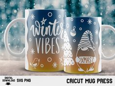 two coffee mugs with the words winter vibes on them