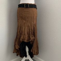 Surrealist Asymmetrical Brown/Black Long Skirt With Belt Size 1 Equivalent To Womens Size Small Fitted Maxi Skirt With Ruffled Asymmetrical Hem, Brown Asymmetrical Maxi Skirt For Spring, Brown Fitted Asymmetrical Skirt, Fitted Brown Asymmetrical Skirt, Fitted Asymmetrical Brown Skirt, Fitted High-low Ruffled Maxi Skirt, Fitted Ruffled High-low Maxi Skirt, Fitted Lined Skirt With High-low Hem, Fitted Asymmetrical Maxi Skirt For Fall