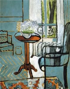 a painting of a chair and table in front of a window with flowers on it