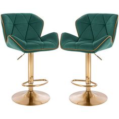 pair of green velvet bar stools with gold metal base and foot ring, on white background