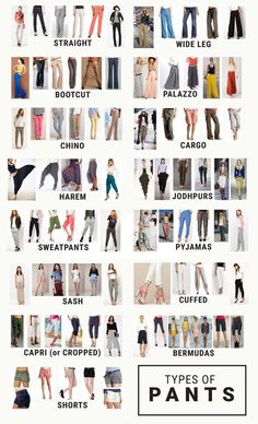 Types Of Trousers For Women, Types Of Styles Fashion, Pants Fashion Design, Fashion Styles Types, Mindset Therapy, Types Of Clothing Styles, Types Of Trousers, Korean Pants, Types Of Shorts