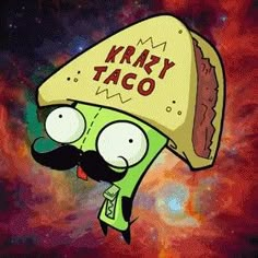 an image of a cartoon character wearing a hat with the word kravy taco on it